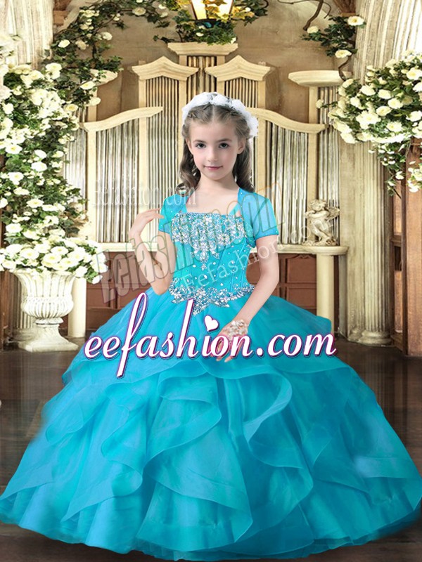 Dazzling Sleeveless Tulle Floor Length Lace Up Winning Pageant Gowns in Aqua Blue with Beading and Ruffles