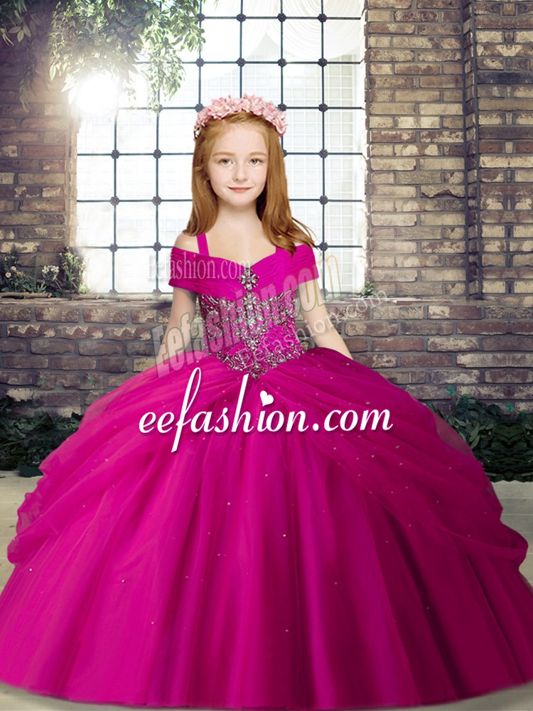  Fuchsia Straps Lace Up Beading Little Girl Pageant Gowns Sleeveless