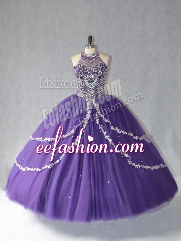  Purple Tulle Lace Up Halter Top Sleeveless Floor Length Quinceanera Gown Beading