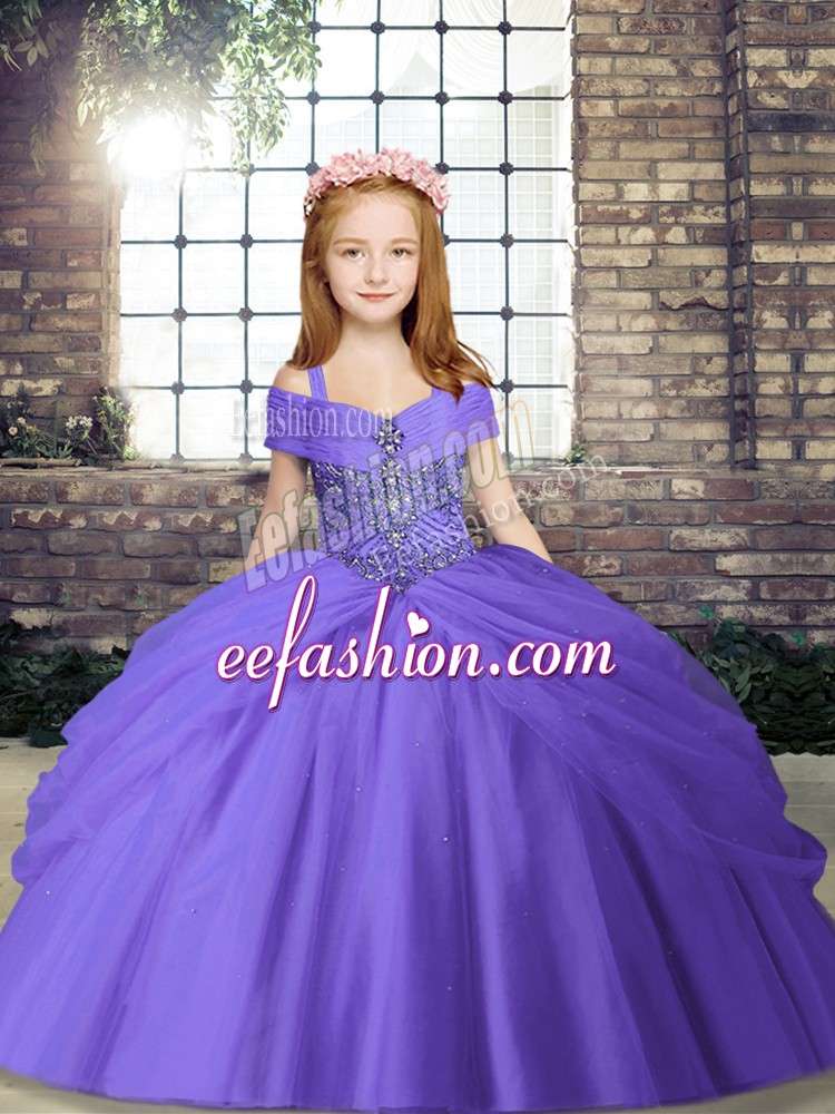 High Quality Tulle Spaghetti Straps Sleeveless Lace Up Beading Pageant Gowns in Lavender
