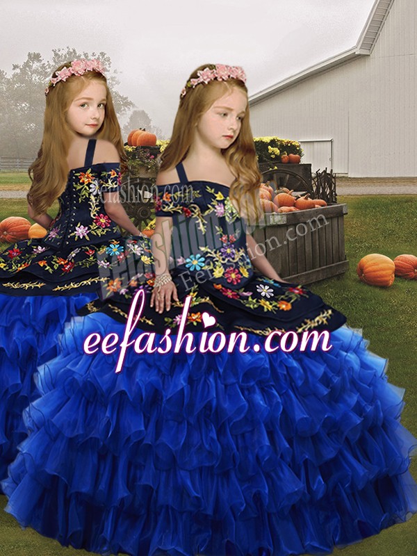  Floor Length Royal Blue Child Pageant Dress Organza Sleeveless Embroidery