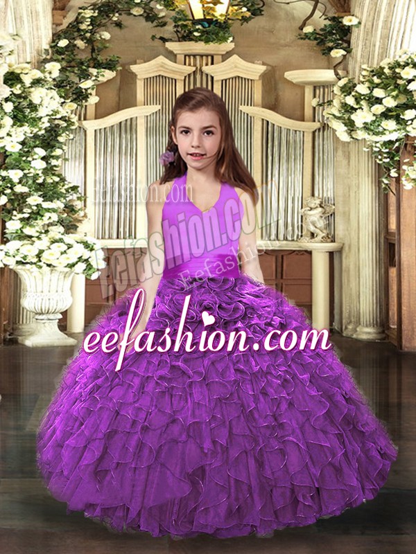 Elegant Eggplant Purple and Purple Halter Top Lace Up Ruffles Pageant Dress Womens Sleeveless
