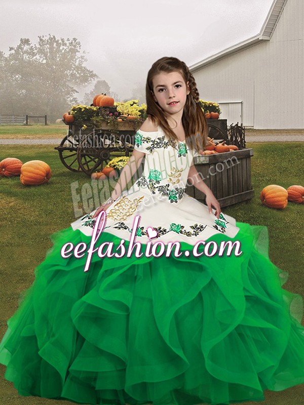  Floor Length Lace Up Kids Formal Wear Green and In with Embroidery and Ruffles