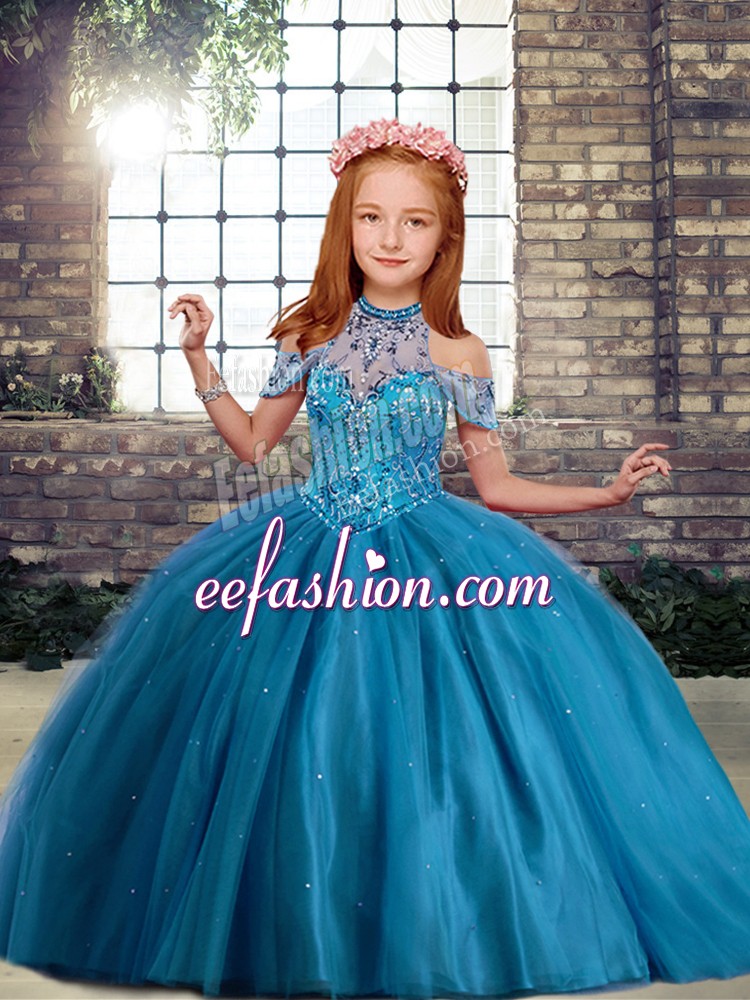 Admirable Ball Gowns Girls Pageant Dresses Blue High-neck Tulle Sleeveless Floor Length Lace Up