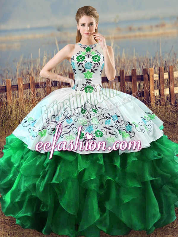 Extravagant Green Ball Gowns Embroidery and Ruffles Sweet 16 Dresses Lace Up Organza Sleeveless Floor Length