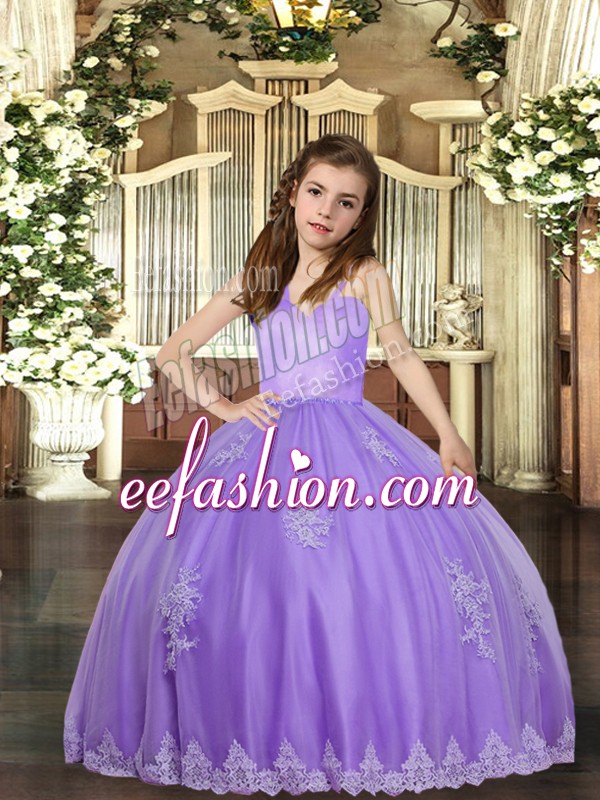  Lavender Lace Up Straps Appliques Pageant Dress for Womens Tulle Sleeveless