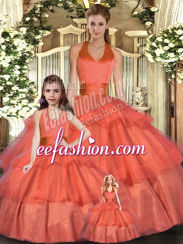 Artistic Orange Red Ball Gowns Halter Top Sleeveless Organza Floor Length Lace Up Ruffled Layers Quinceanera Gowns