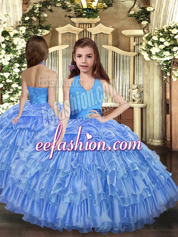 Custom Fit Blue Halter Top Lace Up Ruffled Layers Child Pageant Dress Sleeveless