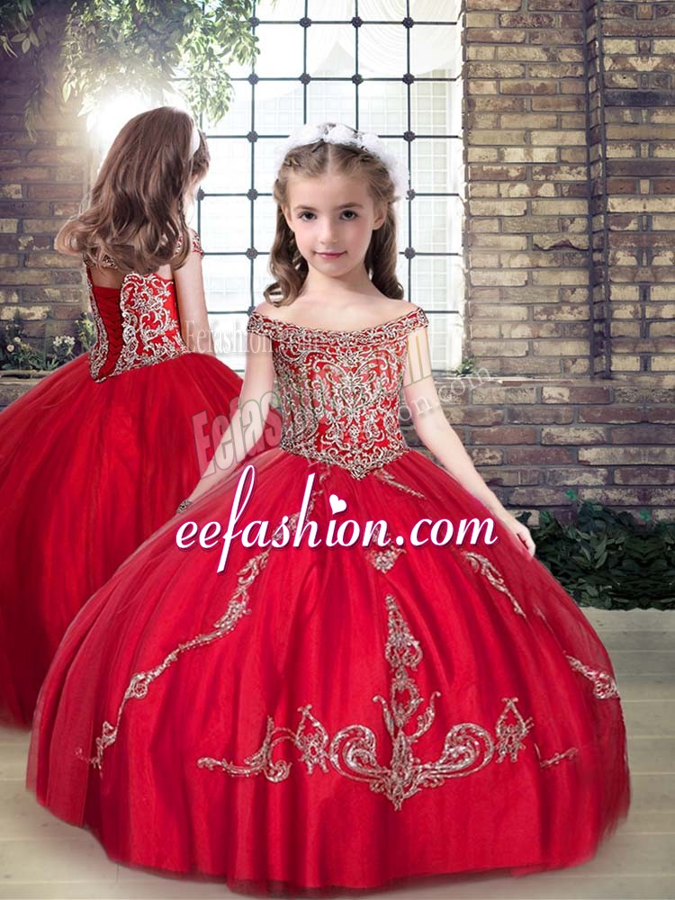 Adorable Red Ball Gowns Beading Girls Pageant Dresses Lace Up Tulle Sleeveless Floor Length