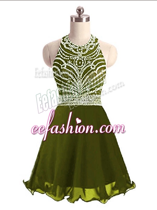 Romantic Olive Green Halter Top Lace Up Beading Prom Dress Sleeveless