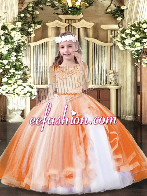 Customized Sleeveless Tulle Floor Length Zipper Pageant Dress for Girls in Orange with Lace