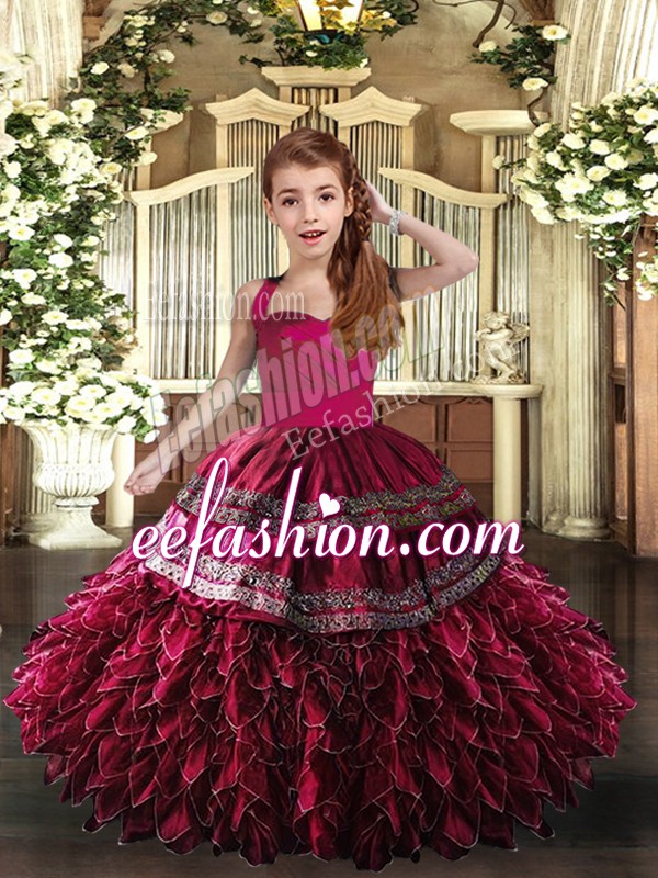 Graceful Sleeveless Organza Floor Length Lace Up Little Girl Pageant Dress in Hot Pink and Fuchsia with Appliques and Ruffles