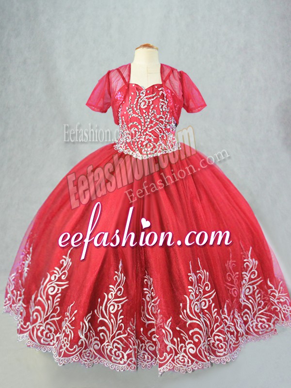  Ball Gowns Kids Formal Wear Red Spaghetti Straps Tulle Sleeveless Floor Length Lace Up