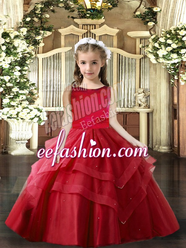 Low Price Floor Length Lace Up Little Girl Pageant Dress Red for Party and Wedding Party with Ruffled Layers