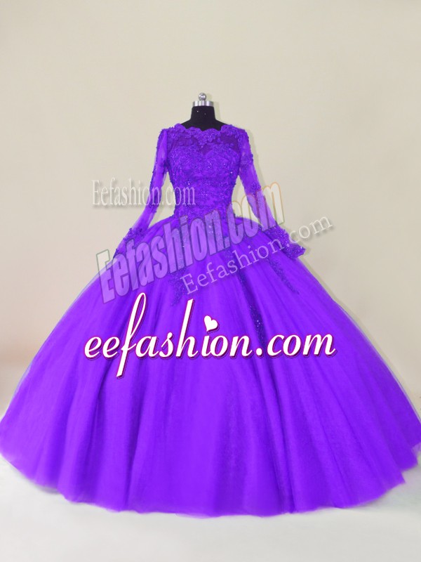  Scalloped Long Sleeves Quinceanera Dresses Floor Length Lace and Appliques Purple Tulle