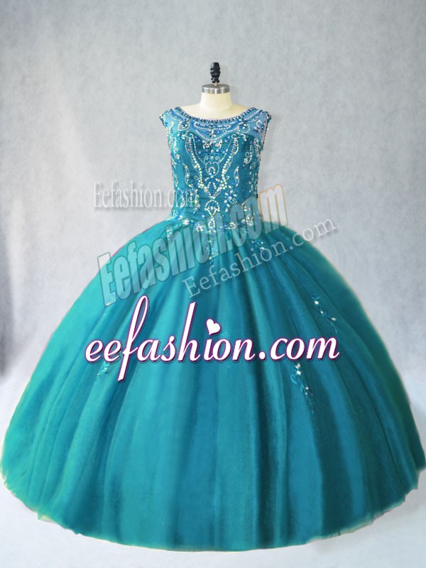  Scoop Sleeveless Quinceanera Gowns Floor Length Beading Teal Tulle