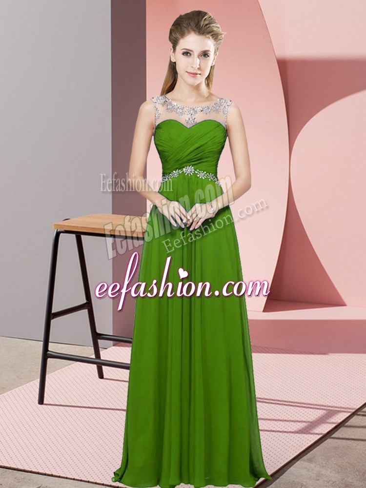  Sleeveless Chiffon Floor Length Backless Prom Party Dress in Green with Beading