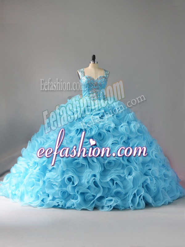 Beauteous Baby Blue Zipper Straps Beading and Ruffles Vestidos de Quinceanera Fabric With Rolling Flowers Sleeveless Court Train