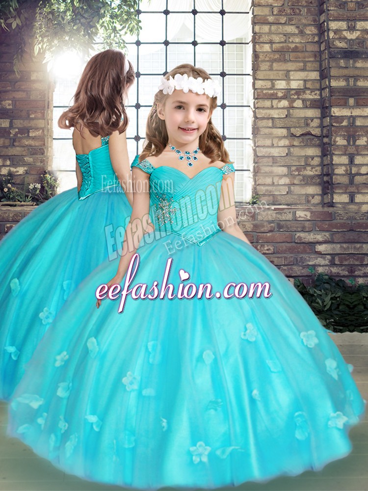  Aqua Blue Straps Neckline Beading and Hand Made Flower Little Girl Pageant Dress Sleeveless Lace Up
