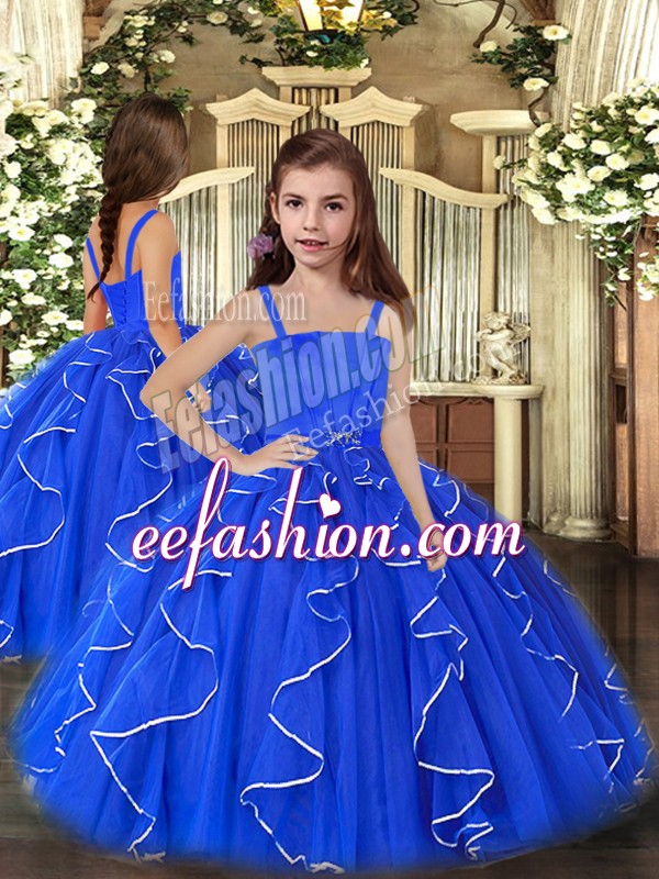  Ball Gowns Child Pageant Dress Royal Blue Straps Tulle Sleeveless Floor Length Lace Up