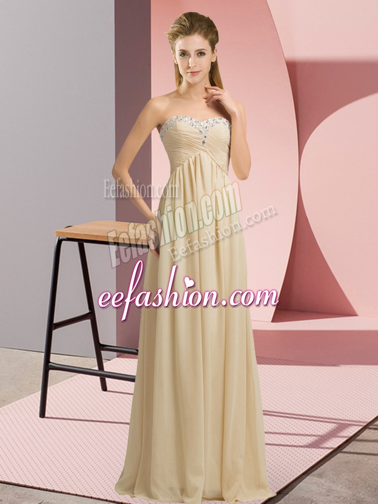 Custom Designed Champagne Sleeveless Floor Length Beading and Ruching Lace Up Prom Dress