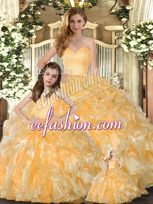 Admirable Beading and Ruffles Sweet 16 Dresses Gold Lace Up Sleeveless Floor Length