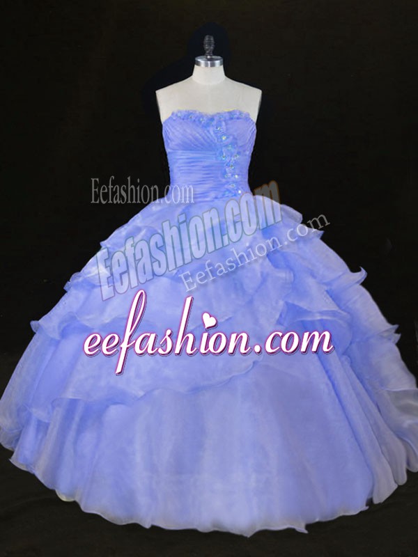 Sexy Blue and Lavender Ball Gowns Organza Sweetheart Sleeveless Ruffles and Hand Made Flower Floor Length Lace Up Vestidos de Quinceanera