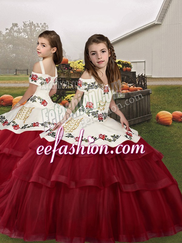 Pretty Ball Gowns Child Pageant Dress Wine Red Straps Tulle Sleeveless Floor Length Lace Up