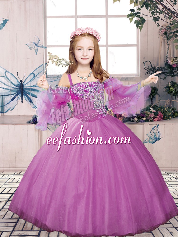 Adorable Floor Length Ball Gowns Sleeveless Lilac Little Girl Pageant Gowns Lace Up