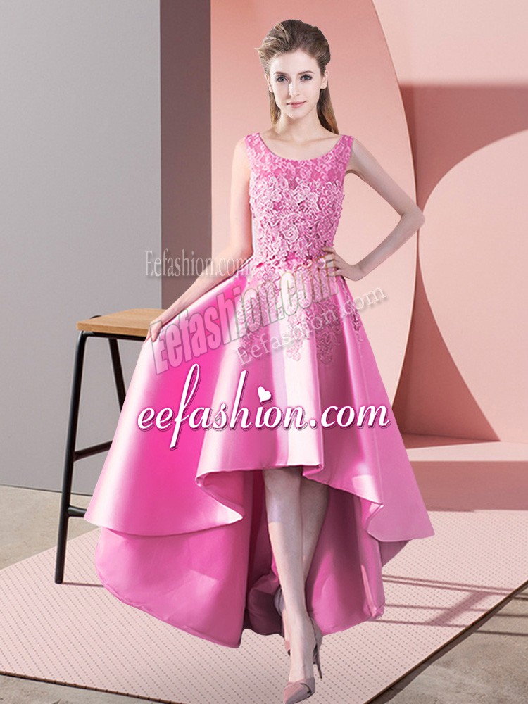 Custom Design Sleeveless Satin High Low Zipper Dama Dress for Quinceanera in Rose Pink with Lace