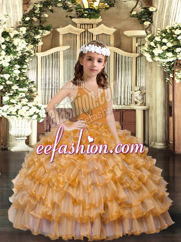  Gold Organza Zipper V-neck Sleeveless Floor Length Custom Made Pageant Dress Ruffles and Ruffled Layers