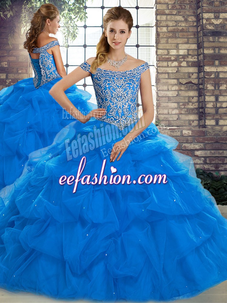 Simple Blue Tulle Lace Up Sweet 16 Quinceanera Dress Sleeveless Brush Train Beading and Pick Ups