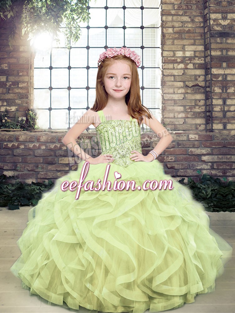  Straps Sleeveless Little Girls Pageant Dress Floor Length Beading and Ruffles Yellow Green Tulle