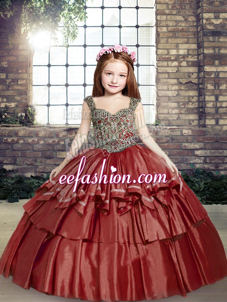  Straps Sleeveless Lace Up Pageant Dress for Girls Red Taffeta