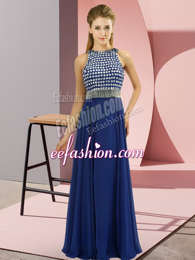 Fantastic Sleeveless Organza Floor Length Side Zipper Dress for Prom in Blue with Beading