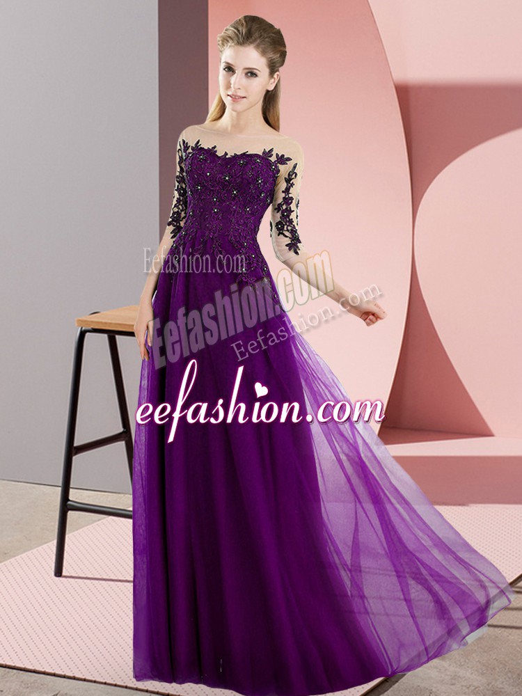Colorful Dark Purple Chiffon Lace Up Quinceanera Court of Honor Dress Half Sleeves Floor Length Beading and Lace