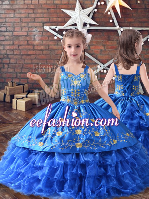 Enchanting Royal Blue Satin and Organza Lace Up Little Girls Pageant Dress Sleeveless Floor Length Embroidery and Ruffled Layers