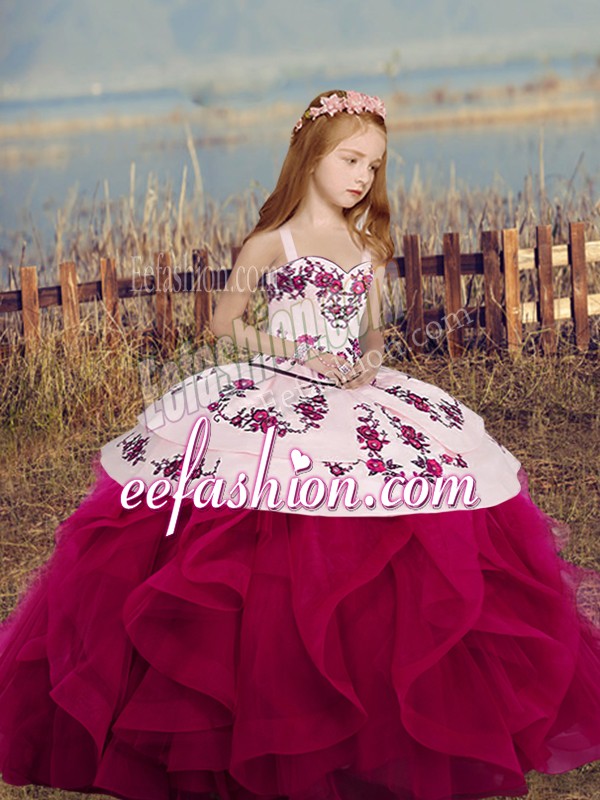 Stylish Floor Length Mermaid Sleeveless Fuchsia Little Girl Pageant Gowns Lace Up