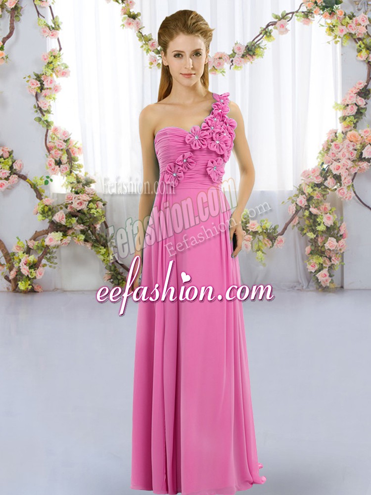 Luxury Floor Length Empire Sleeveless Rose Pink Bridesmaid Dress Lace Up