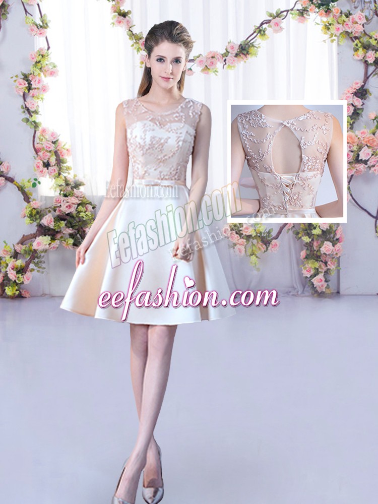 Super Champagne Scoop Neckline Lace and Belt Dama Dress for Quinceanera Sleeveless Lace Up