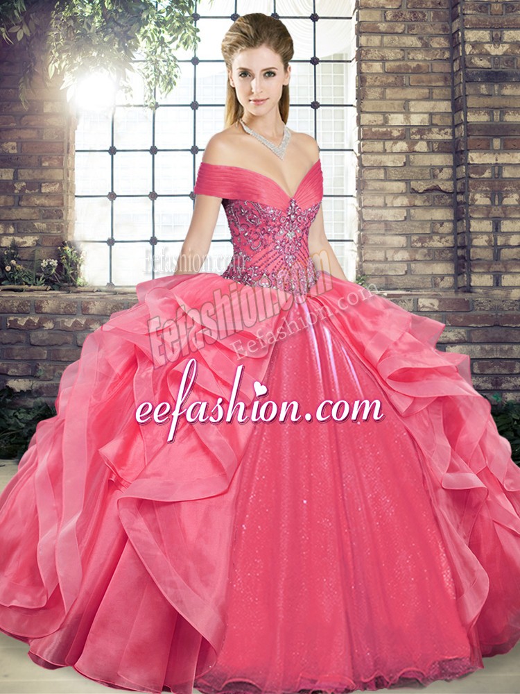 Noble Coral Red Sleeveless Beading and Ruffles Floor Length Quinceanera Gown