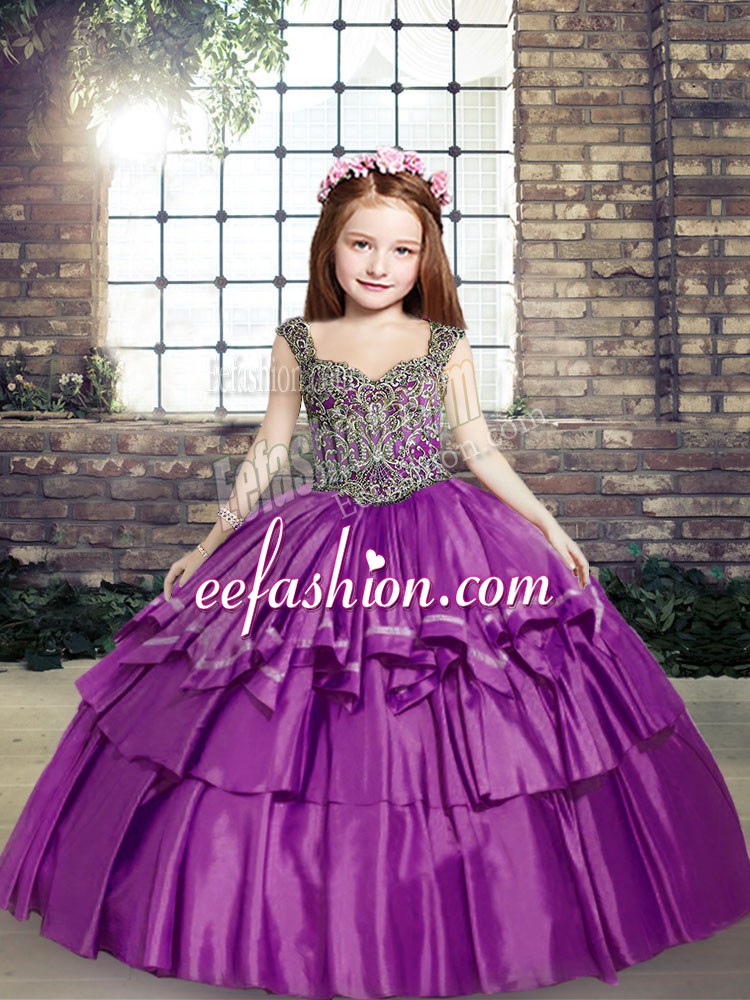 Customized Floor Length Purple Pageant Dress Straps Sleeveless Lace Up