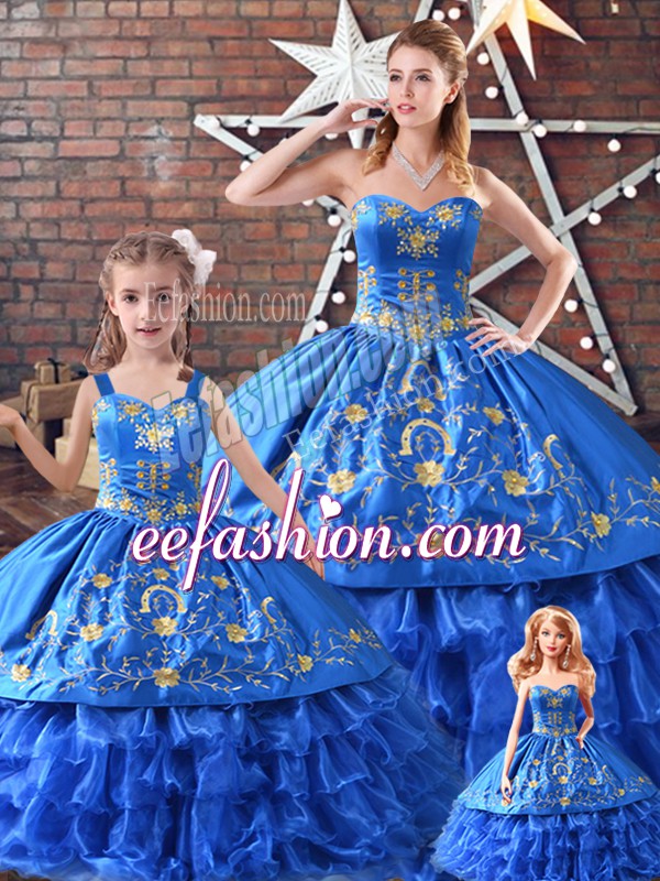 Dynamic Blue Sleeveless Embroidery Lace Up 15 Quinceanera Dress