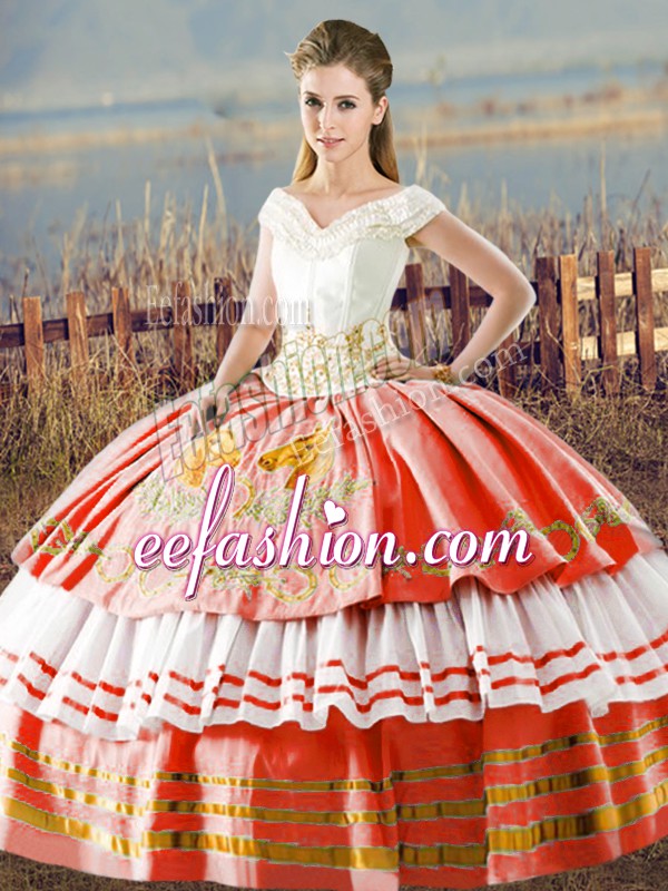 Delicate White And Red V-neck Neckline Embroidery and Ruffled Layers Quinceanera Gown Sleeveless Lace Up