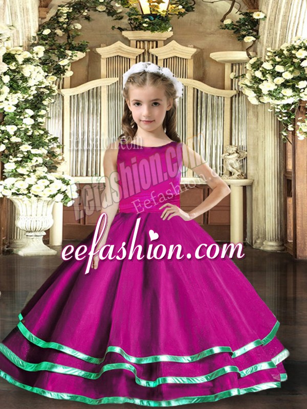  Fuchsia Ball Gowns Ruffled Layers Little Girls Pageant Gowns Lace Up Tulle Sleeveless Floor Length