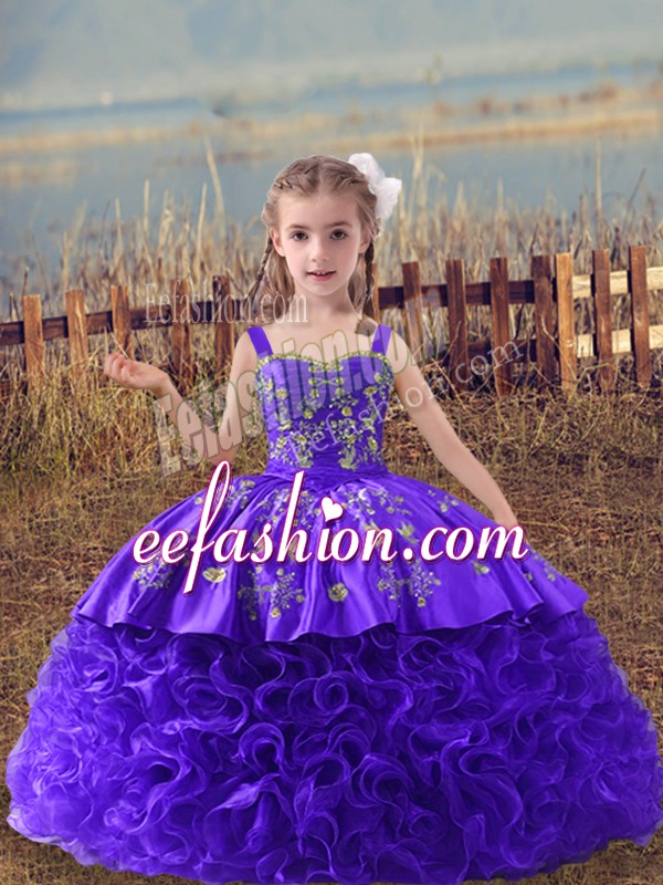  Purple Ball Gowns Fabric With Rolling Flowers Straps Sleeveless Embroidery Lace Up Pageant Gowns For Girls Sweep Train