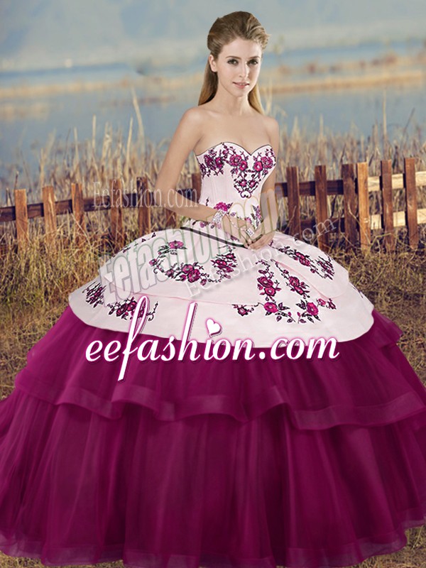 Free and Easy Fuchsia Sweetheart Neckline Embroidery and Bowknot Sweet 16 Dress Sleeveless Lace Up