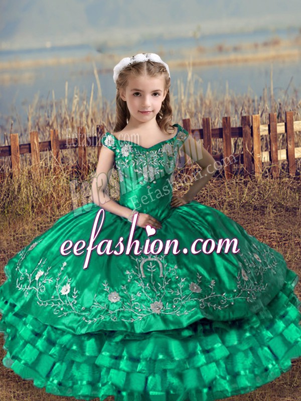  Turquoise Ball Gowns Embroidery and Ruffled Layers Little Girls Pageant Dress Lace Up Satin and Organza Sleeveless Floor Length