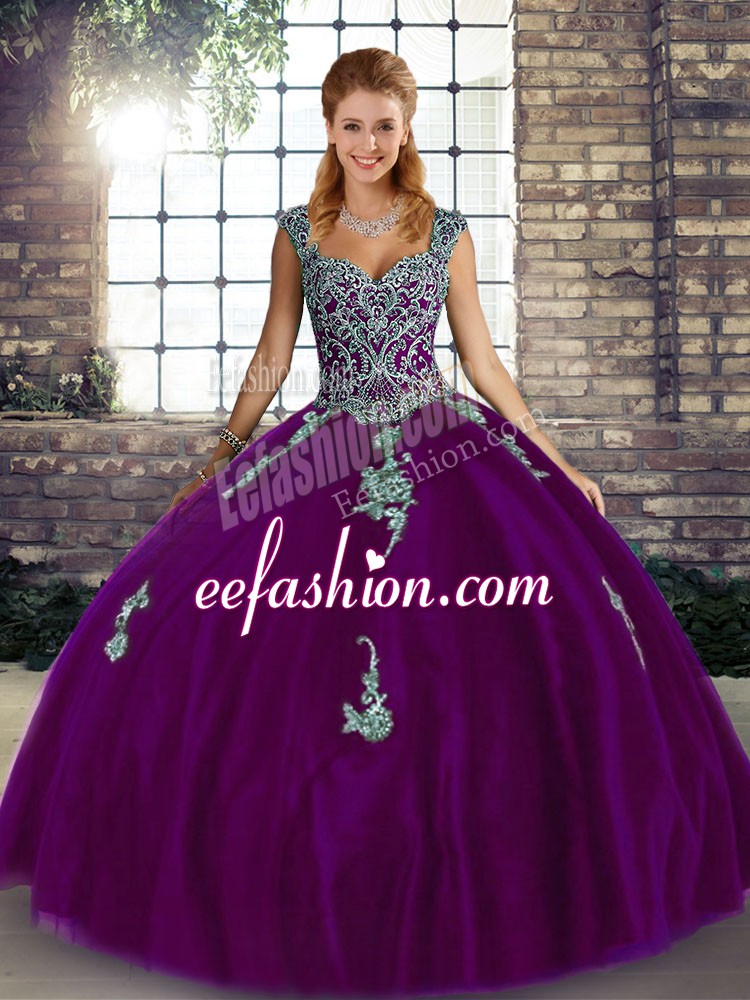 Sweet Purple Straps Neckline Beading and Appliques Sweet 16 Dresses Sleeveless Lace Up