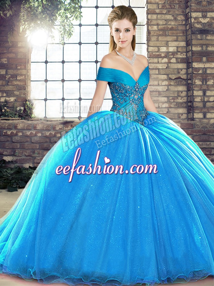 Captivating Blue Off The Shoulder Lace Up Beading Quinceanera Dresses Brush Train Sleeveless